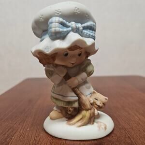 Vintage Miss Mitzie by Heartline Porcelain Figurine, Sweeping Floors With Cat